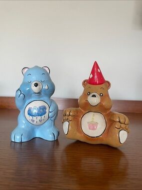 Vintage Care Bears Handpainted ceramics 1984 signed Birthday and Grumpy Bear